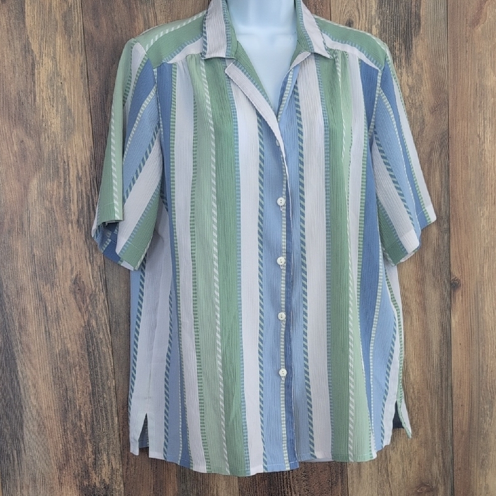 Allison Daley Green/Blue Striped Shirt Blouse 12